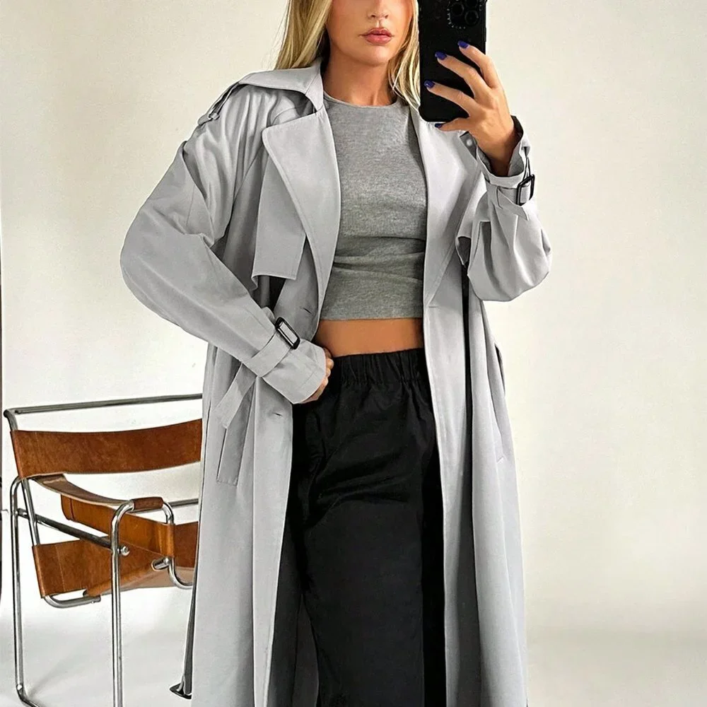 Grey Casual Womens Lapel Neck Raglan Sleeve Belted Trench Coat